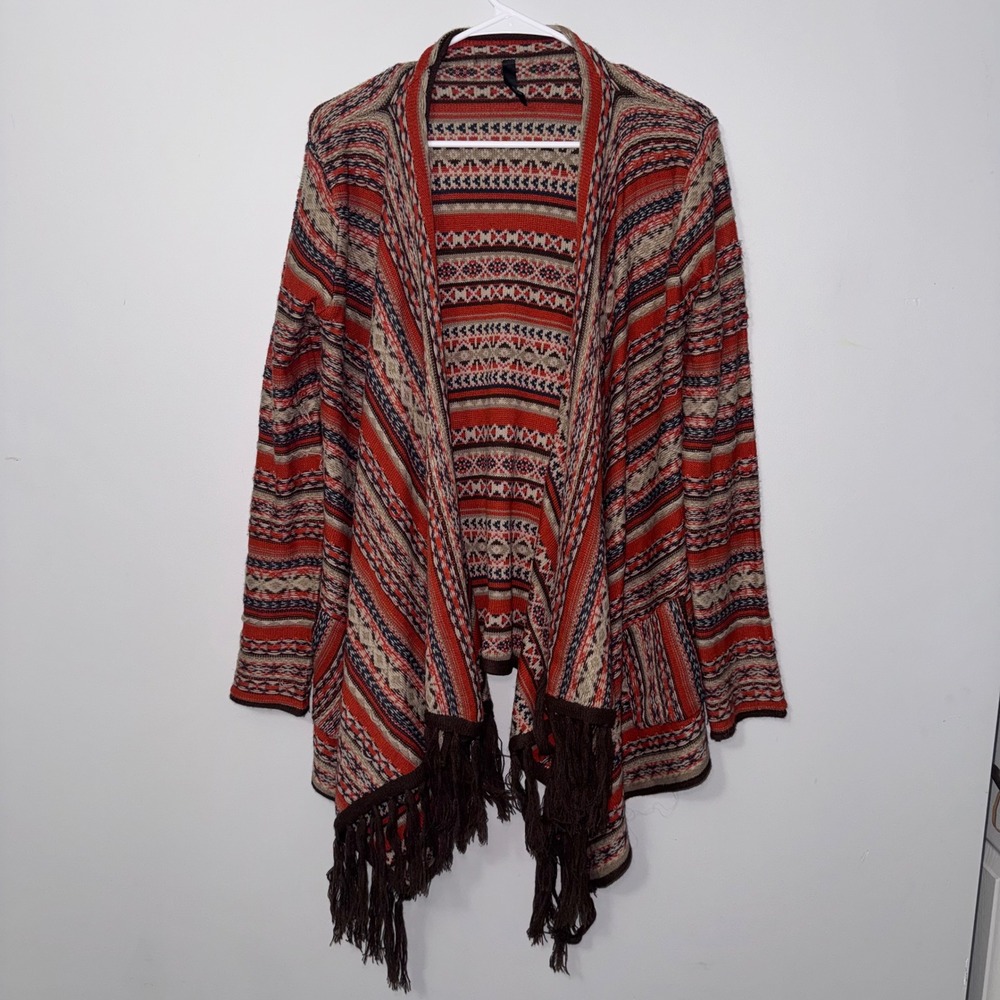 Elan Vibrant Red Brown Cream Tribal Aztec Pattern Cardigan Front‎ Fringe Large